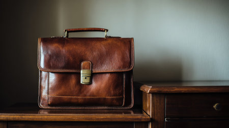 This image features a stylish brown leather briefcase resting on a wooden surface, illuminated by soft lighting, showcasing elegance and craftsmanship.の素材