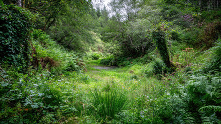 Experience the serene beauty of a lush forest landscape featuring dense greenery, vibrant plants, and a peaceful stream. Ideal for nature lovers.の素材
