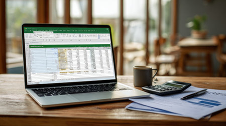 A laptop displaying a spreadsheet sits on a wooden table in a modern office environment. A calculator, coffee cup, and papers complement the workspace.の素材