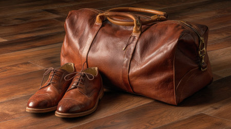 A classic travel setup featuring vintage leather shoes and a spacious travel bag on a warm wooden floor, perfect for stylish journeys and adventures.の素材