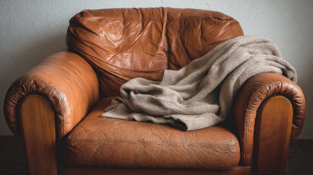 A cozy leather armchair adorned with a warm knitted blanket creates an inviting atmosphere, perfect for relaxation in any home setting. Ideal for interior decor.の素材