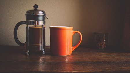 A beautifully arranged scene featuring a French press brewing coffee beside an orange mug on a rustic wooden table, evoking warmth and comfort.の素材