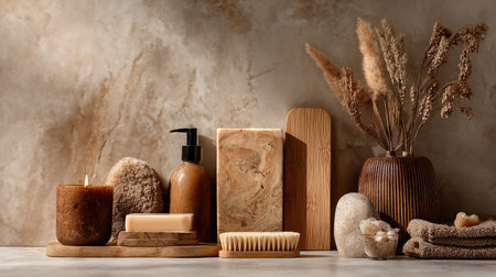 A serene and aesthetically pleasing arrangement of natural spa products including soaps, candles, and brushes, complemented by dried flowers. Ideal for promoting relaxation and wellness.の素材