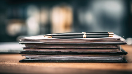 A sleek black pen rests on a stack of neatly arranged paper documents on a wooden table, showcasing a sophisticated office environment for productive work.の素材
