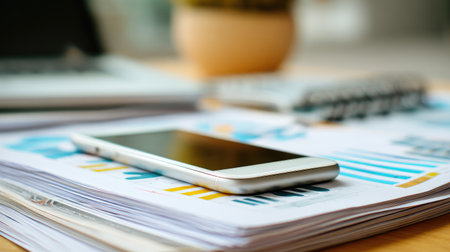 A smartphone rests on a stack of financial reports featuring colorful charts and statistics, surrounded by a calculator and a modern office setting, ideal for business analysis.の素材