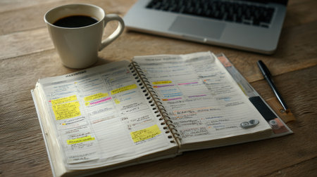 A close-up image of an organized planner filled with colorful highlights and notes, alongside a coffee cup and laptop, showcasing an ideal workspace for productivity.の素材