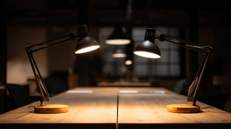 This image features two industrial desk lamps positioned on a wooden table in a modern workspace, casting warm light in a dark ambiance, ideal for enhancing productivity.の素材