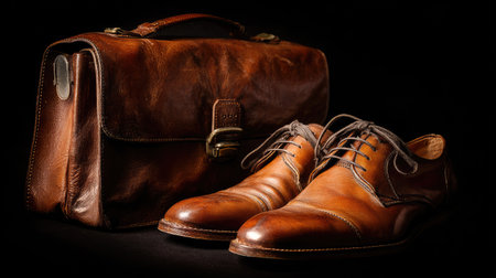 This image captures elegant brown leather shoes positioned next to a vintage leather briefcase. The detailed shot showcases a sophisticated style, perfect for fashion and lifestyle themes.の素材