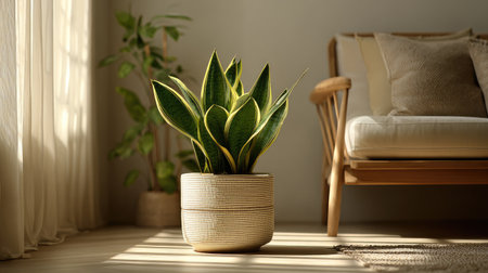 A stunning indoor snake plant positioned in a rustic pot enhances the cozy charm of a modern living room, inviting warmth through natural light.の素材