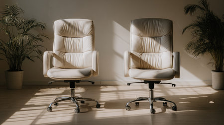 Two stylish office chairs positioned in a bright, serene workspace. The chairs feature ergonomic designs, complemented by indoor plants and soft sunlight.の素材