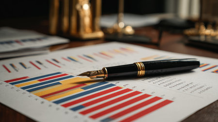A sophisticated scene featuring a fountain pen on top of colorful financial graphs and charts, showcasing an organized and professional office environment ideal for business analysis.の素材