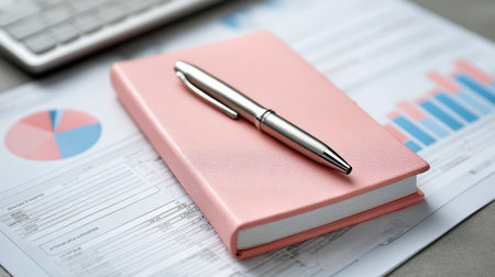 A stylish pink notebook rests on top of professional documents, accompanied by a sleek silver pen. The setup features colorful charts and graphs, ideal for business analysis.の素材