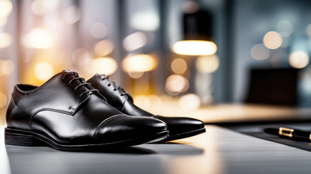 This image captures a pair of elegant black dress shoes resting on a polished table, enhanced by a soft blur of ambient lights, creating a sophisticated atmosphere perfect for any stylish workspace.の素材