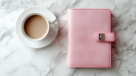 A charming flat lay featuring a stylish pink planner and a warm cup of coffee on a beautiful marble surface, ideal for organization and creativity.の素材