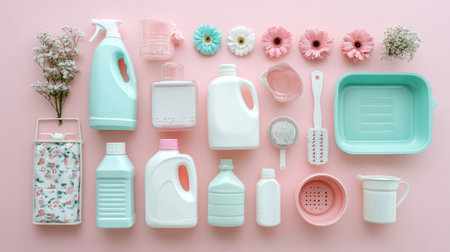 This vibrant arrangement features cleaning supplies and blossoms on a pink backdrop, perfect for home organization and stylish decor inspiration.の素材