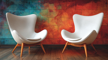 Two modern white chairs elegantly positioned in a colorful room with an abstract wall design and wooden flooring, inviting comfort and style.の素材