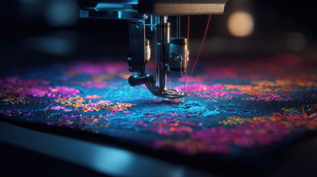 This detailed close-up showcases the precision of a sewing machine with a needle poised above vibrant floral embroidery on dark fabric. The colorful threads illuminate the craftsmanship and creativity involved in textile art.の素材