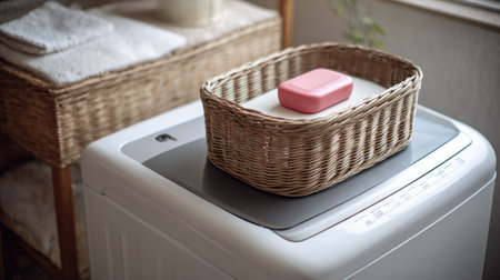 A charming view of a washing machine topped with a wicker basket and a pink bar of soap, showcasing a stylish and functional laundry space. Perfect for decor inspiration.の素材