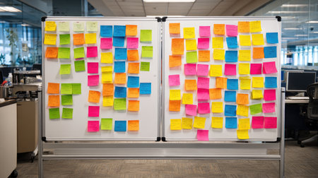 A vibrant display of colorful sticky notes on whiteboards in a contemporary office setting, capturing the essence of brainstorming and collaboration in modern workplaces.の素材