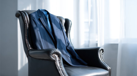 A headless suit elegantly draped over a chair creates a striking visual in a bright room. Natural light highlights the sophisticated design and ambiance.の素材