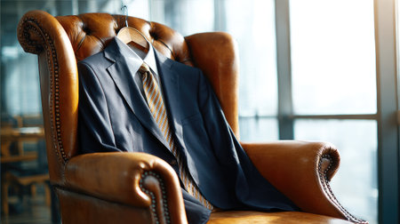 A sophisticated suit displayed elegantly on a chair in a stylish office environment, capturing the essence of professionalism and contemporary design.の素材
