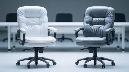 This image features a pair of stylish office chairs, one in white and the other in black, set against a minimalist workplace background. The ergonomic design offers comfort and professionalism, perfect for modern business environments.の素材