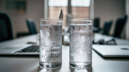 Two glasses of water with condensation sit on a table in a modern office, symbolizing refreshment, hydration, and a calm workspace atmosphere.の素材