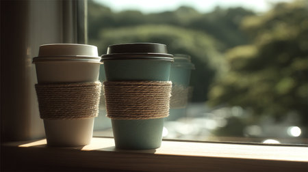 Two coffee cups are placed on a windowsill, bathed in soft natural light, creating a cozy atmosphere in a cafの素材