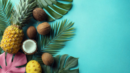 This vibrant arrangement features tropical fruits such as pineapple and coconut, surrounded by lush green leaves against a striking blue background, evoking a refreshing summer vibe.の素材