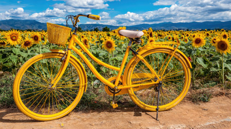 A vibrant yellow vintage bicycle rests amidst a stunning field of sunflowers under a bright blue sky. This picturesque scene captures the joy of outdoor exploration during sunny summer days.の素材