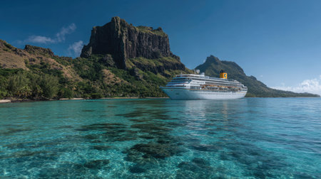 A captivating view of a cruise ship anchored in crystal-clear waters, framed by stunning mountains and vibrant marine life, perfect for escape and adventure.の素材