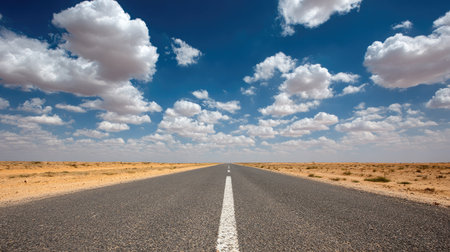 A long, straight road stretches through a barren desert landscape, showcasing a clear blue sky filled with fluffy clouds, symbolizing adventure and freedom.の素材