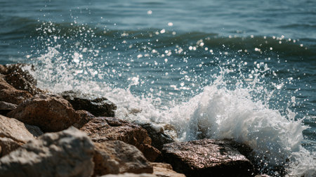 Bright ocean waves crash against a rocky shoreline, creating captivating splashes and sunlight reflections. Perfect for nature lovers and beach enthusiasts.の素材