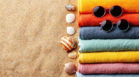 A vibrant arrangement of colorful beach towels and stylish sunglasses lies atop golden sand, accompanied by seashells, evoking a perfect summer vibe.の素材