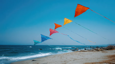 A picturesque scene showcasing colorful kites soaring above a sandy beach, with gentle ocean waves below and a vivid blue sky, evoking joy and relaxation.の素材