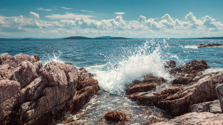 A stunning coastal landscape featuring crashing waves on rocky shores beneath a clear blue sky filled with fluffy clouds, perfect for nature lovers.の素材