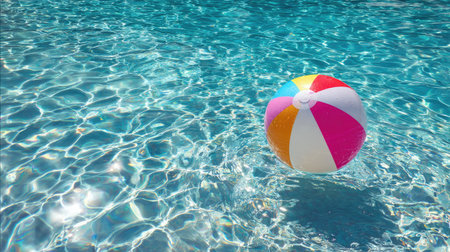 A vibrant beach ball floats gracefully in clear blue water, reflecting the sunlight. This scene captures the essence of summer fun and relaxation by the pool.の素材