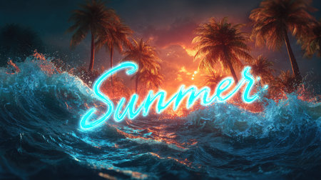 A stunning summer landscape with glowing neon text amidst crashing ocean waves and palm trees. The sunset sky radiates warm colors, evoking a peaceful tropical vibe.の素材