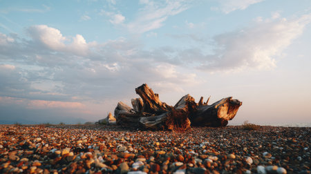 A tranquil coastal landscape showcasing driftwood lying on a pebbled beach, with a stunning array of clouds and a colorful dusk sky illuminating the scene.の素材