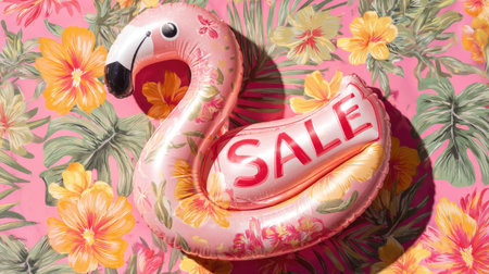A vibrant pink flamingo pool float features a bold sale sign, set against a lush tropical floral backdrop. Perfect for summer promotions and advertisements.の素材