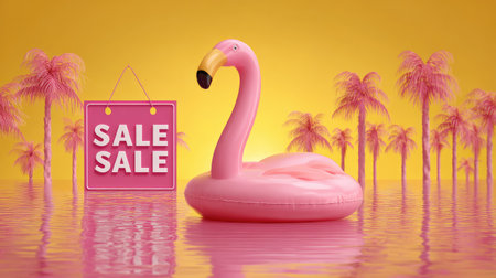 This vibrant image showcases a pink flamingo pool float in a tropical setting, accompanied by a bright sale sign. Perfect for summer promotions!の素材