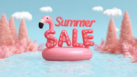 A vibrant scene featuring a pink flamingo float with a bold "Summer Sale" sign, set against a cheerful backdrop of water, trees, and clouds. Perfect for advertising!の素材