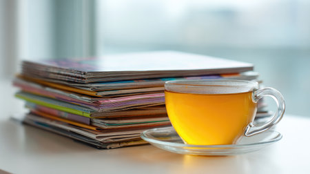 A serene composition featuring a warm cup of tea resting on a glass saucer beside a colorful stack of magazines, perfect for relaxation moments at home.の素材