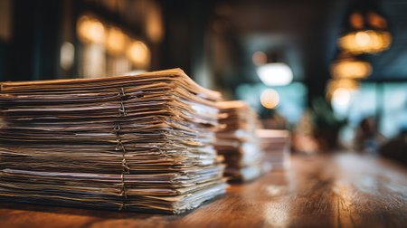 A close-up view of stacked documents resting on a wooden table, set in a cozy office space with warm lighting, conveying a sense of productivity and organization.の素材