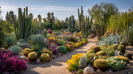 A stunning desert garden showcasing a variety of colorful cacti and succulents surrounded by vibrant flowers, creating a serene outdoor landscape under a blue sky.の素材