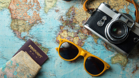 Flat lay image of vintage travel items featuring a camera, yellow sunglasses, and a passport on an antique world map. Perfect for travel themes.の素材
