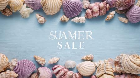 Embrace the spirit of summer with this vibrant sale promotion featuring an array of colorful shells against a soothing light blue background, perfect for marketing campaigns.の素材