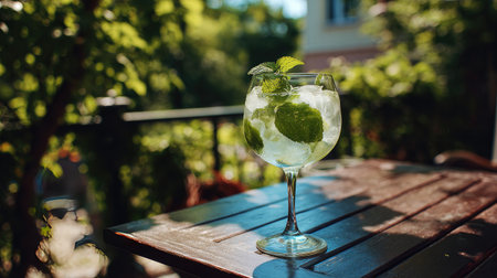 A refreshing mojito cocktail served in a clear glass, garnished with fresh mint leaves, on a wooden table bathed in sunlight. Perfect for summer relaxation.の素材