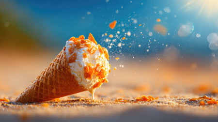 A delicious ice cream cone is melting on a sandy beach with bright sunlight illuminating the scene. Crunchy toppings add texture and flavor, making it an ideal summer treat. The vibrant background creates a cheerful atmosphere perfect for capturing the essence of summer moments.の素材