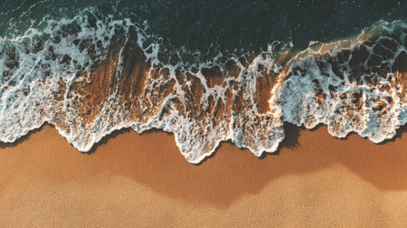 This aerial image captures a stunning view of a sandy beach where turquoise waves gently meet the shore. The sunlight enhances the serene beauty of this coastal paradise, making it perfect for travel and nature enthusiasts.の素材